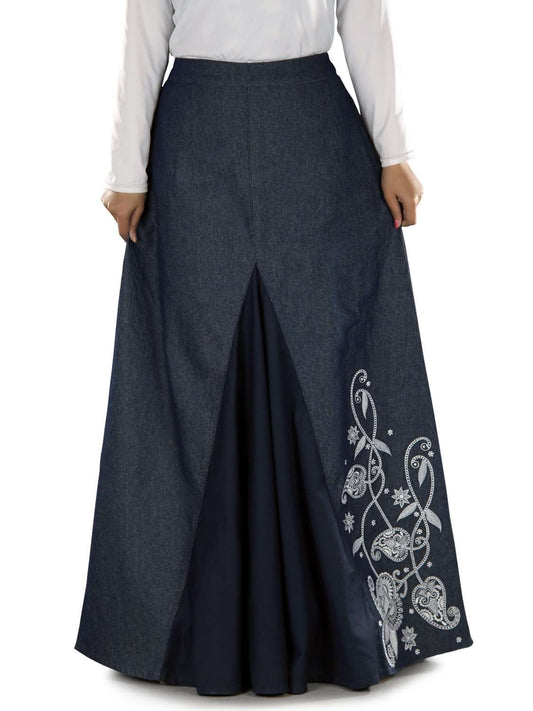 A navy blue denim skirt with embroidered floral design on the front and elastic waist at the back.