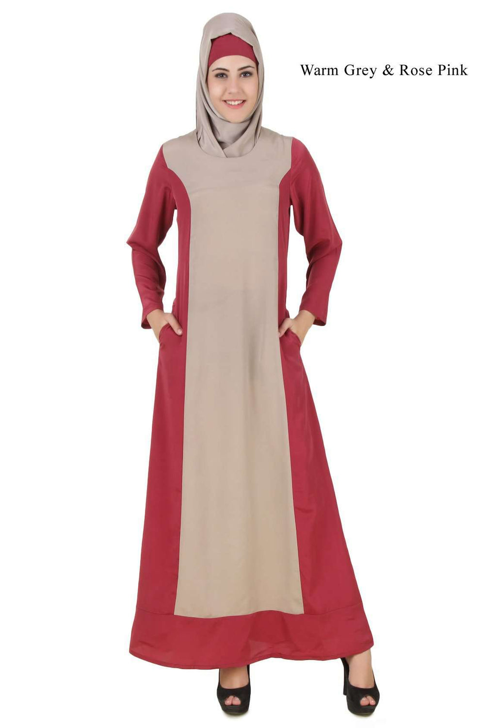 Arshi Slim Look Rose Pink & Warm Grey Abaya Front