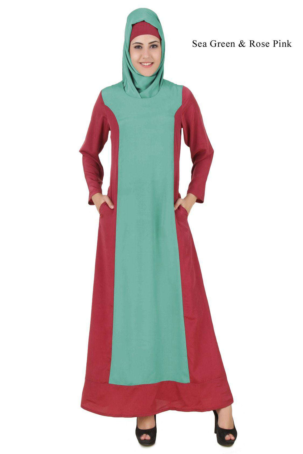 Arshi Slim Look Sea Green & Rose Pink Abaya