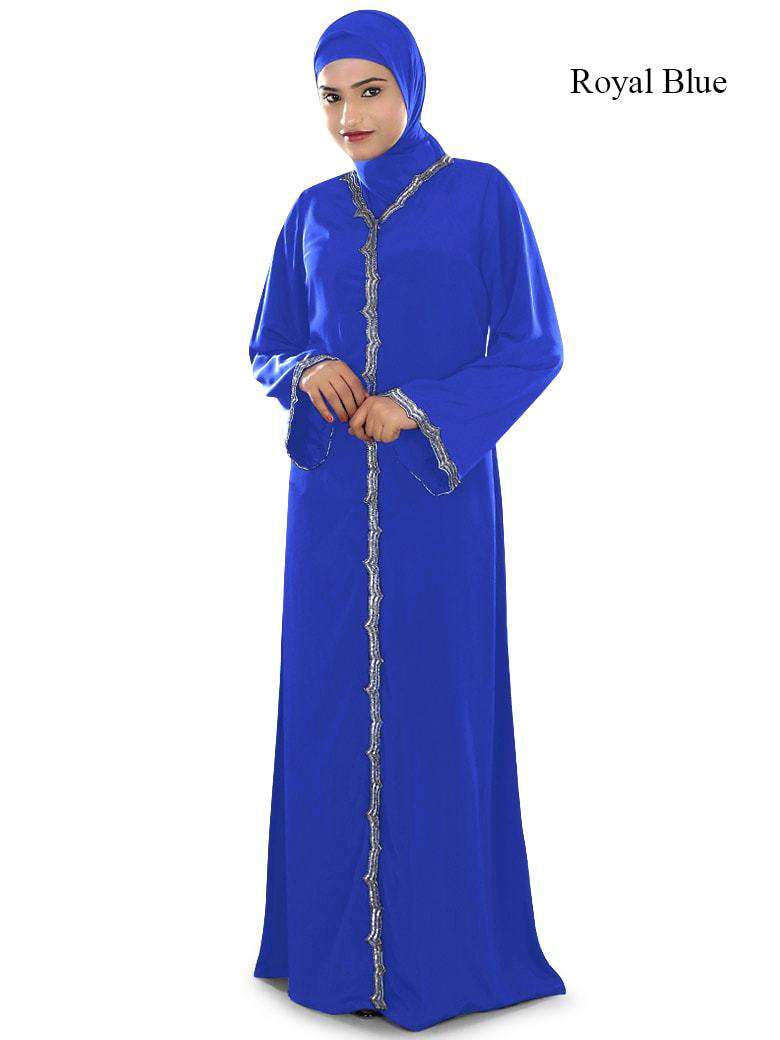 Madiha Hand Embroidered Front Open Burqa Royal Blue