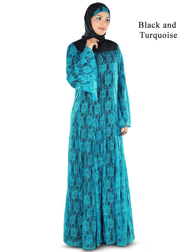 Beautiful Turquoise Blue Flower Net Abaya Black & Turquoise