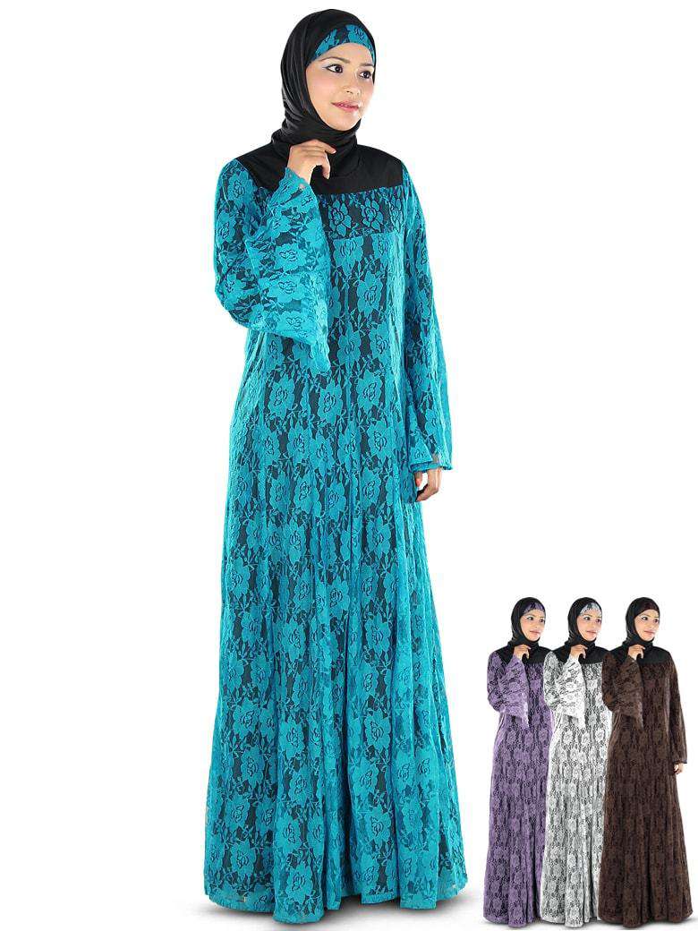 Beautiful Turquoise Blue Flower Net Abaya