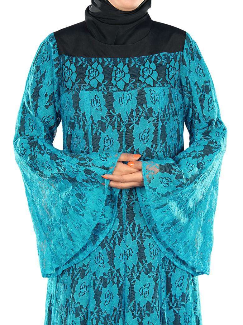 Beautiful Turquoise Blue Flower Net Abaya Front