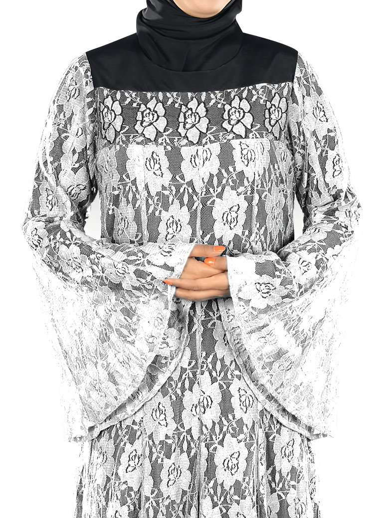 Beautiful White Flower Net Abaya Front