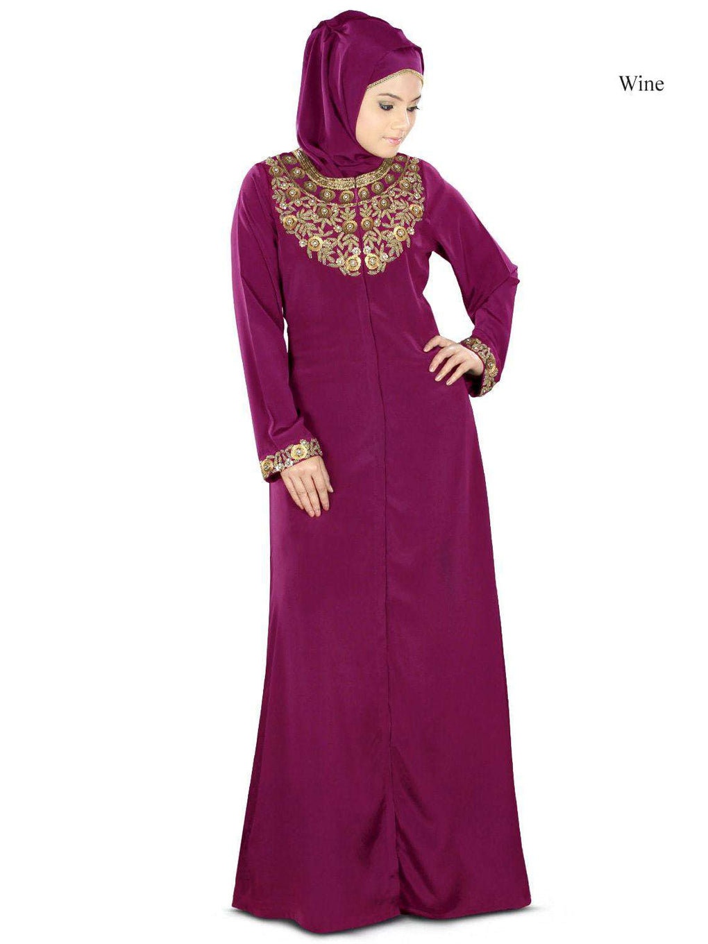 Fiddah Gold Hand Embroidered Burqa Wine