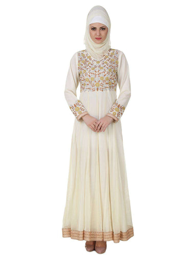 Zaeemah Net & Crepe Off White Abaya