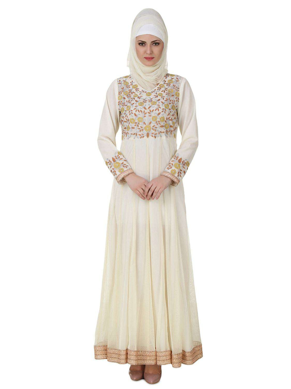 Zaeemah Net & Crepe Off White Abaya