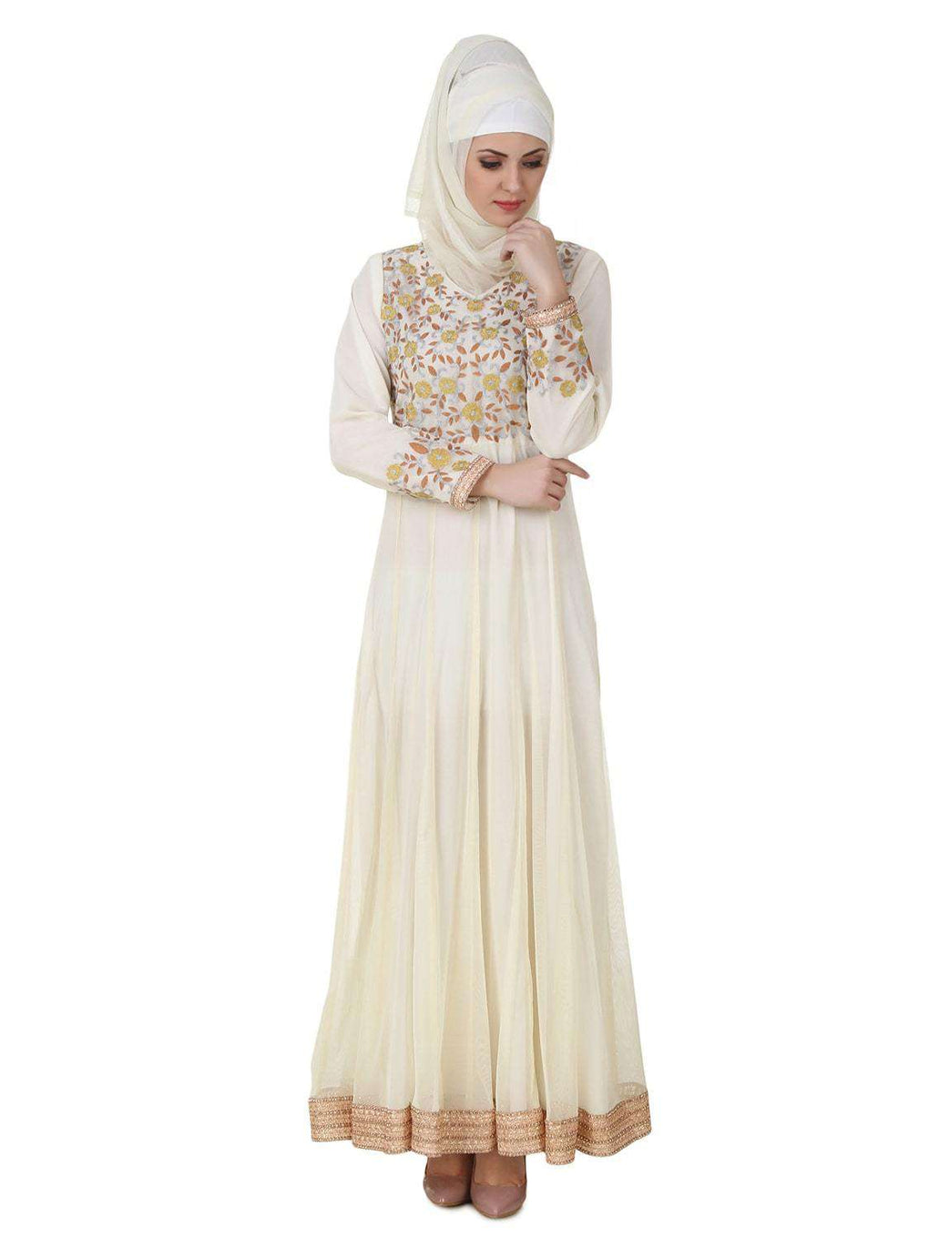 Zaeemah Net & Crepe Off White Abaya