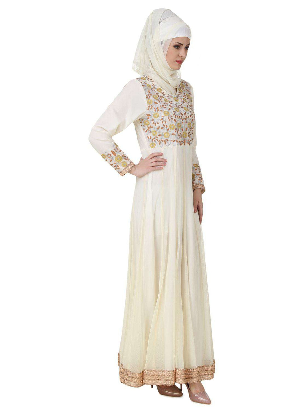 Zaeemah Net & Crepe Off White Abaya