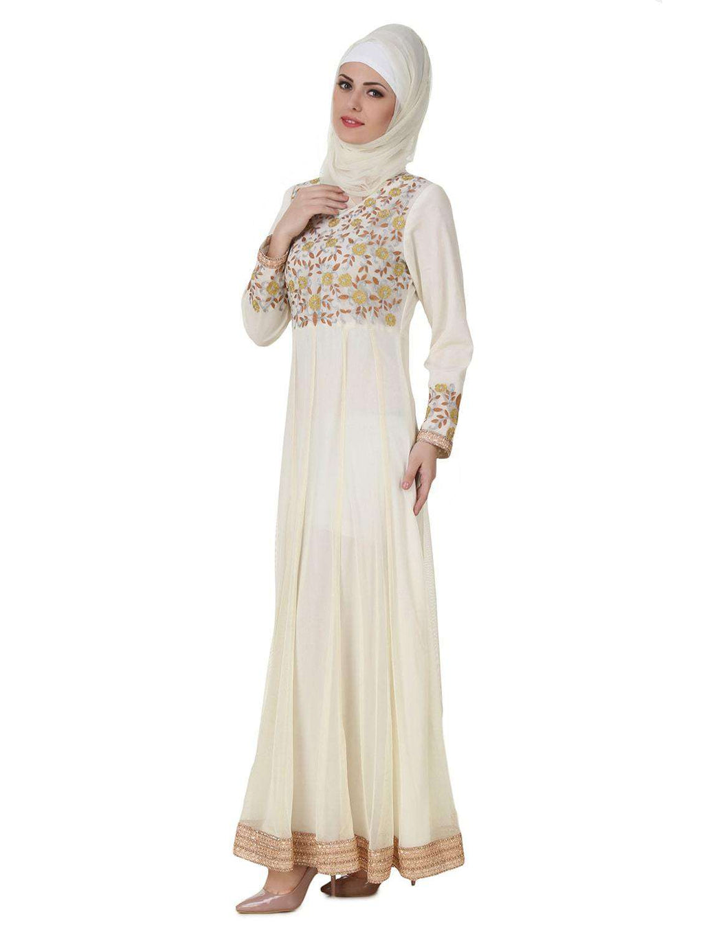 Zaeemah Net & Crepe Off White Abaya