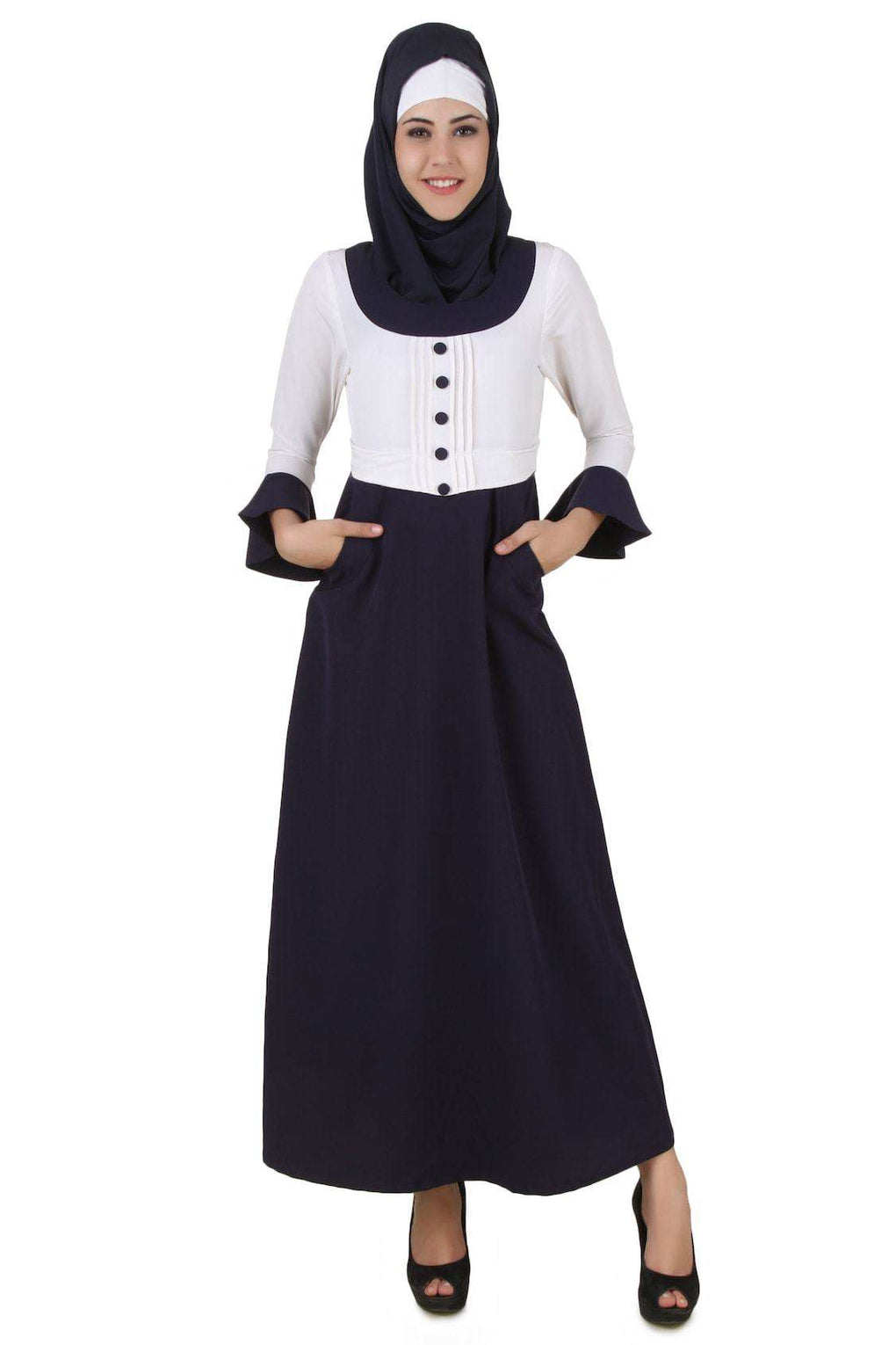 Eiman White & Navy Blue Kashibo Abaya