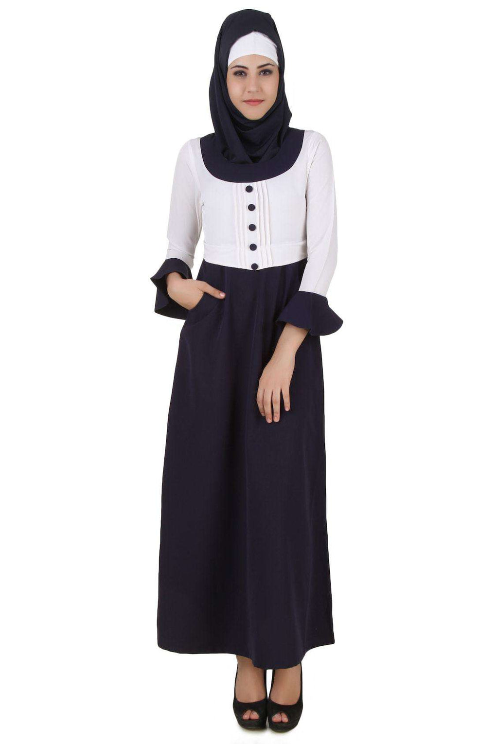 Eiman White & Navy Blue Kashibo Abaya Front