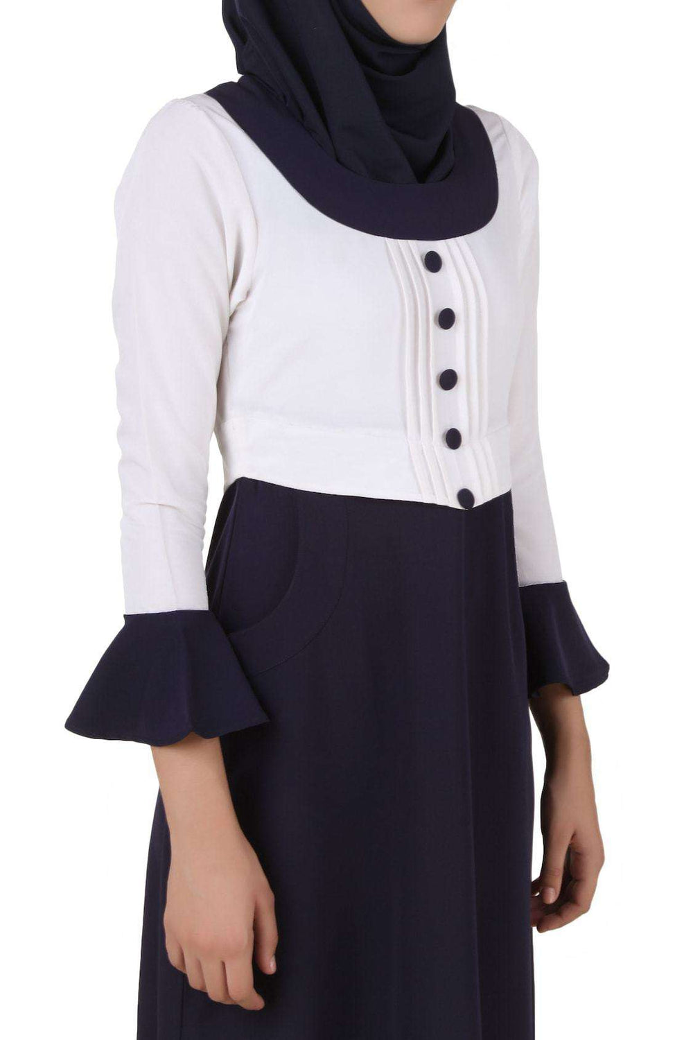 Eiman White & Navy Blue Kashibo Abaya Front Design