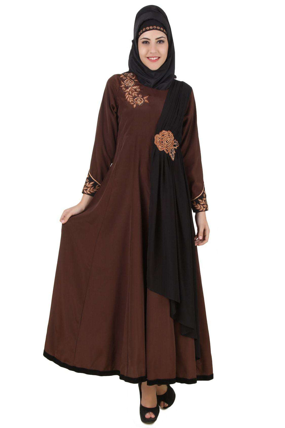 Laaibah Brown Crepe and Georgette Eid Abaya Front