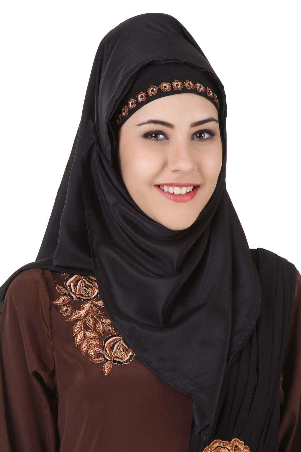 Laaibah Brown Crepe and Georgette Eid Abaya Hijab