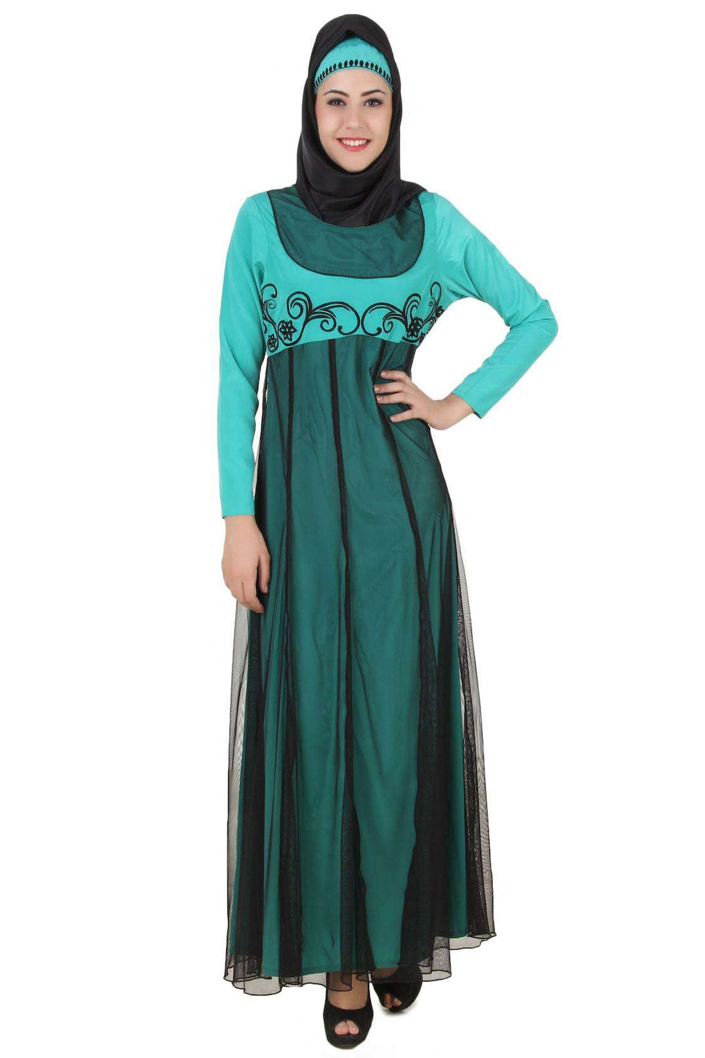 Manab Fancy Turquoise-Green and Black Net and Crepe Abaya Front