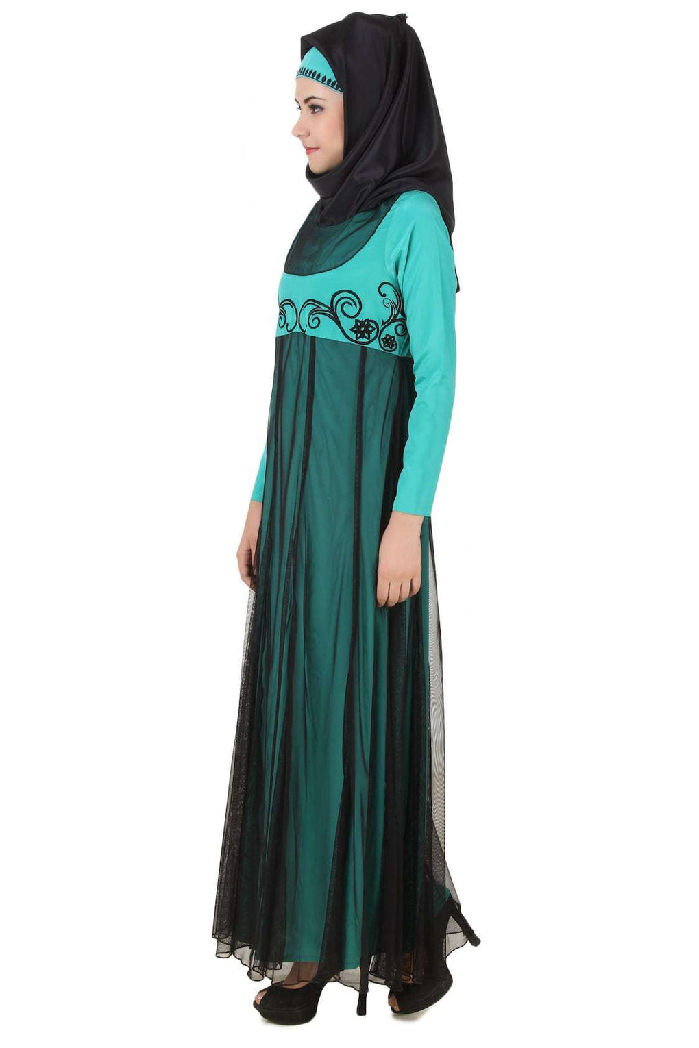 Manab Fancy Turquoise-Green and Black Net and Crepe Abaya Side