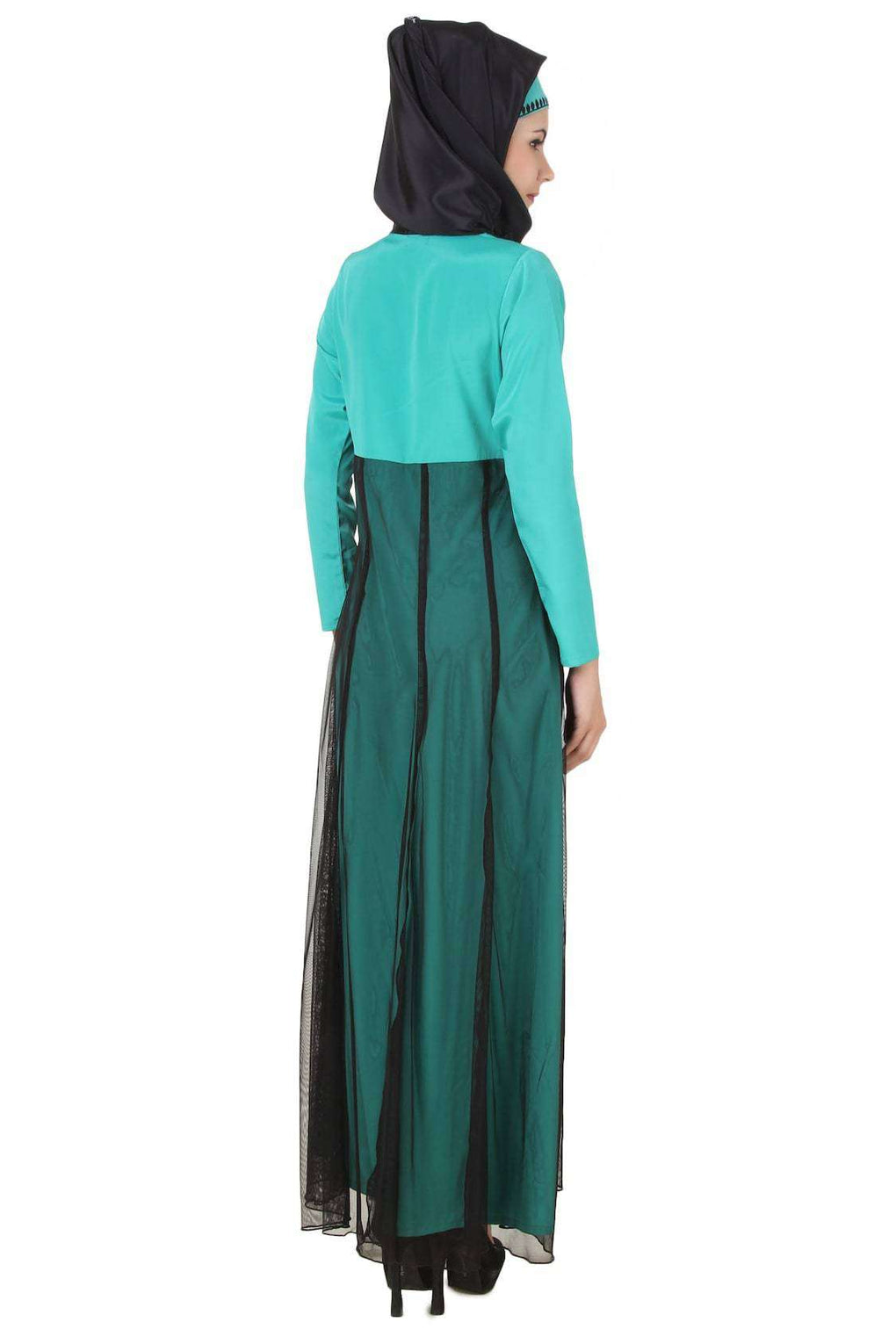 Manab Fancy Turquoise-Green and Black Net and Crepe Abaya Back