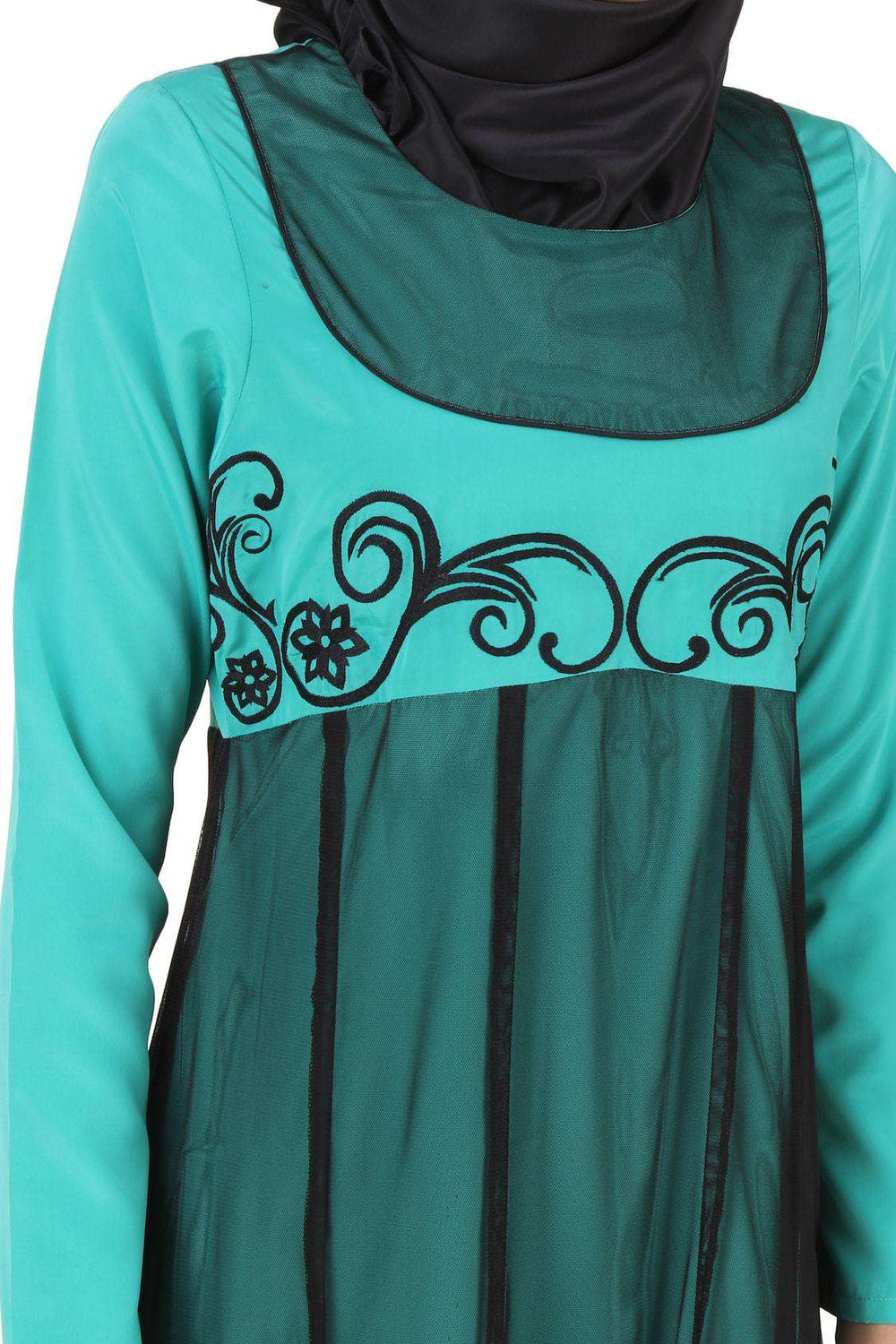 Manab Fancy Turquoise-Green and Black Net and Crepe Abaya Embroidery