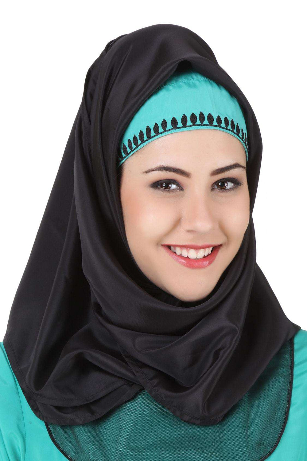 Manab Fancy Turquoise-Green and Black Net and Crepe Abaya Hijab
