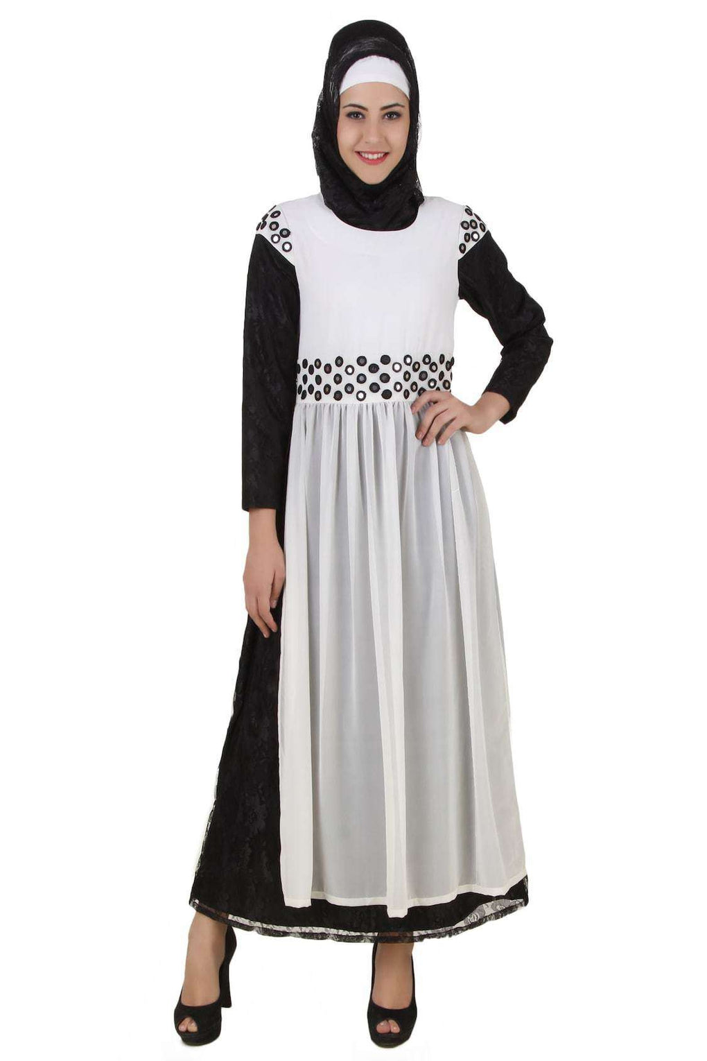 Taybah Fancy White and Black Flower Net and Nida Abaya