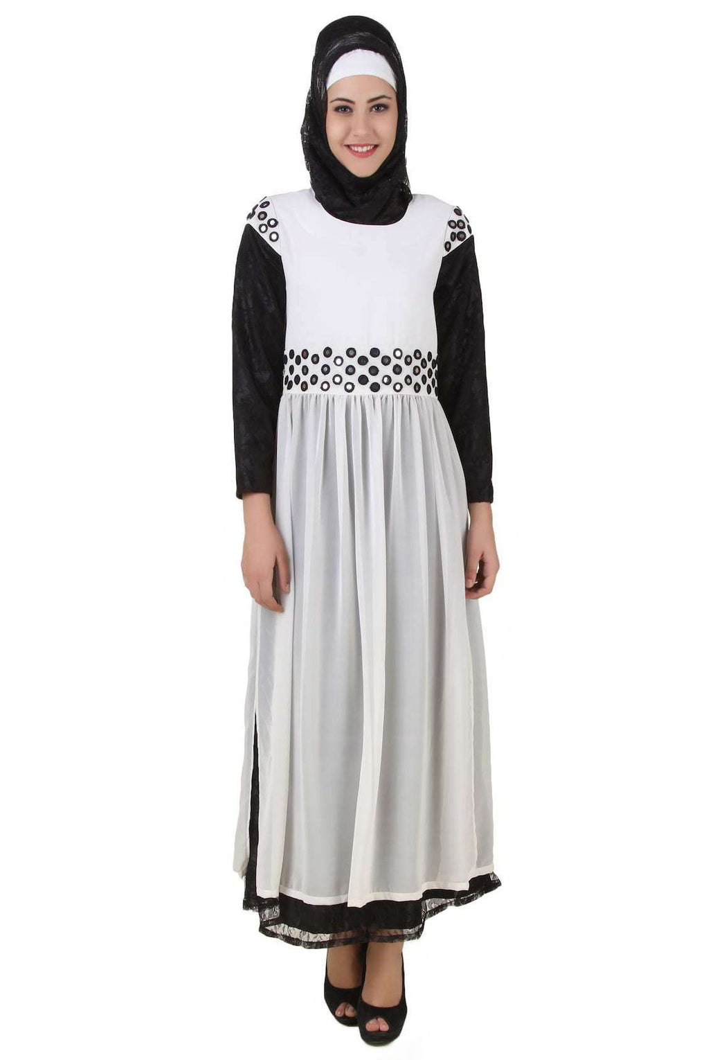 Taybah Fancy White and Black Flower Net and Nida Abaya