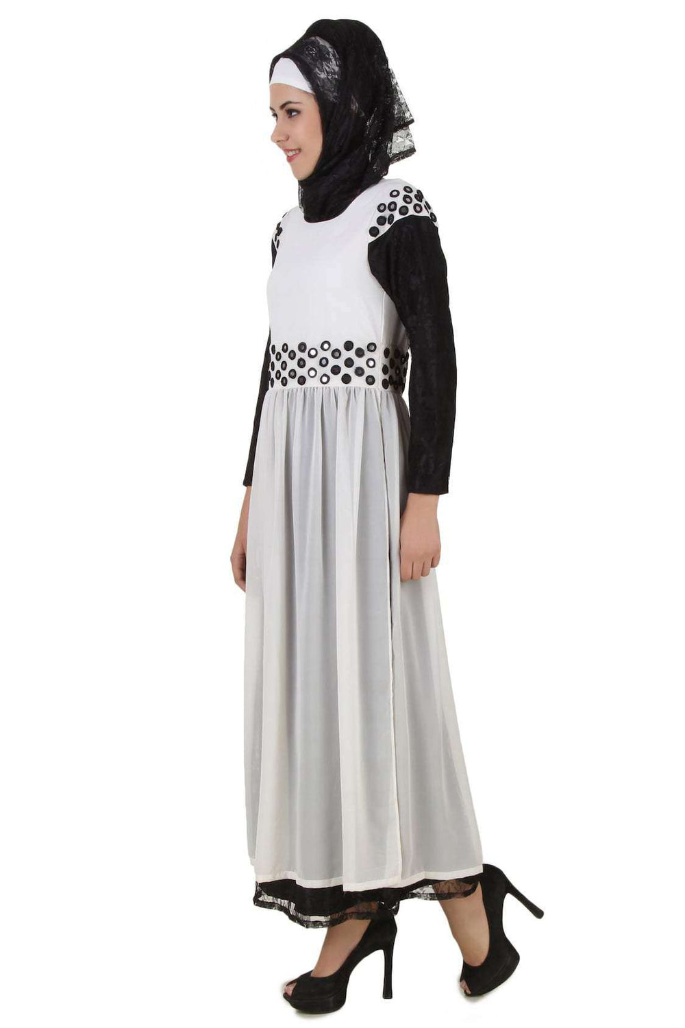 Taybah Fancy White and Black Flower Net and Nida Abaya