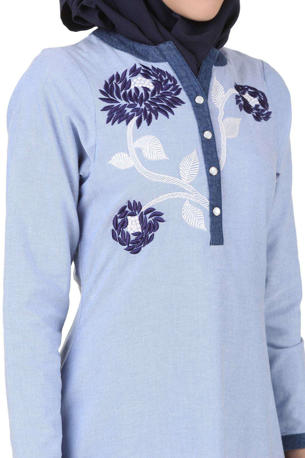 Mahek Ice Blue Chambray Cotton Abaya Embroidery