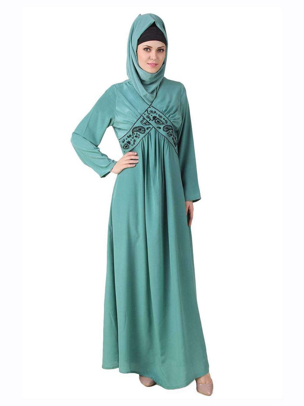 Deeba Maternity Sea Green Crepe Abaya Front