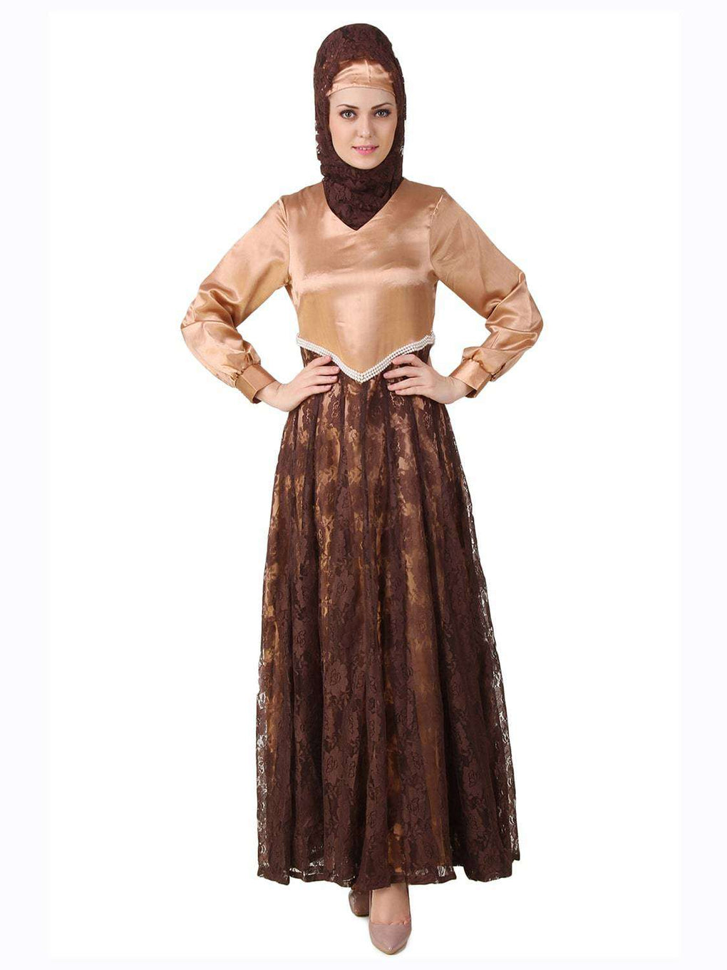 Mahrosh Copper Satin & Brown Flower Net Abaya