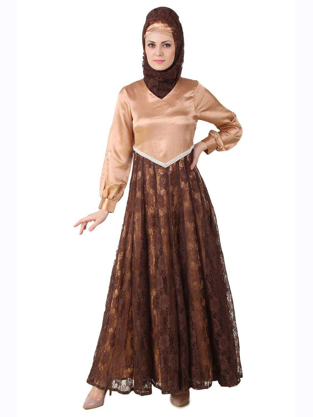 Mahrosh Copper Satin & Brown Flower Net Abaya Front