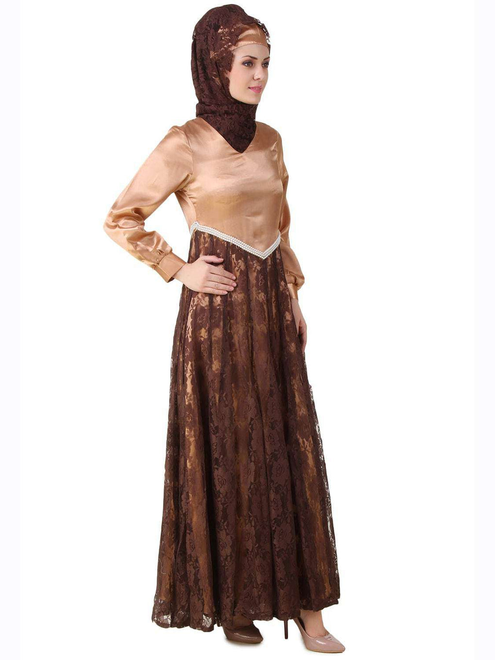 Mahrosh Copper Satin & Brown Flower Net Abaya Side