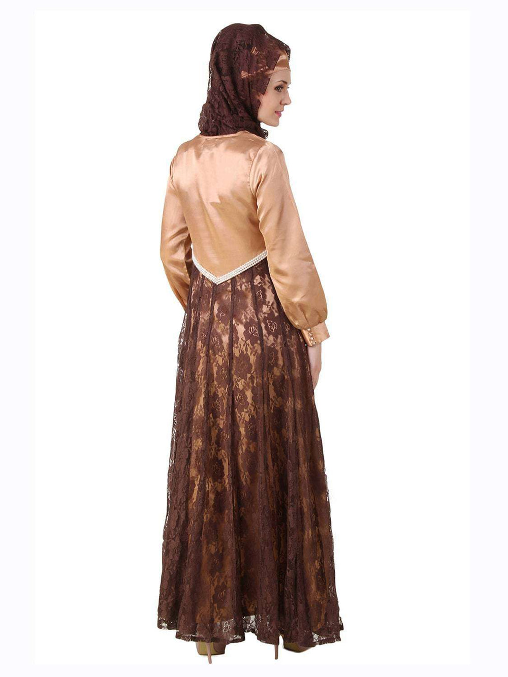 Mahrosh Copper Satin & Brown Flower Net Abaya Back