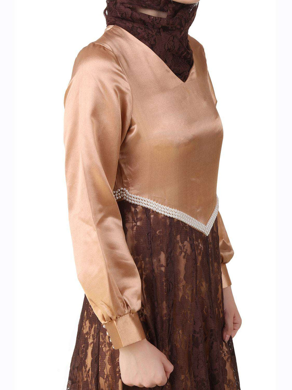 Mahrosh Copper Satin & Brown Flower Net Abaya Design