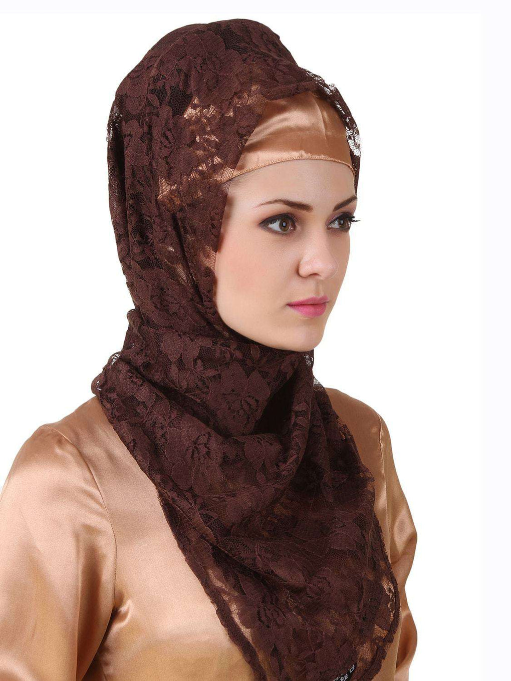 Mahrosh Copper Satin & Brown Flower Net Abaya Hijab