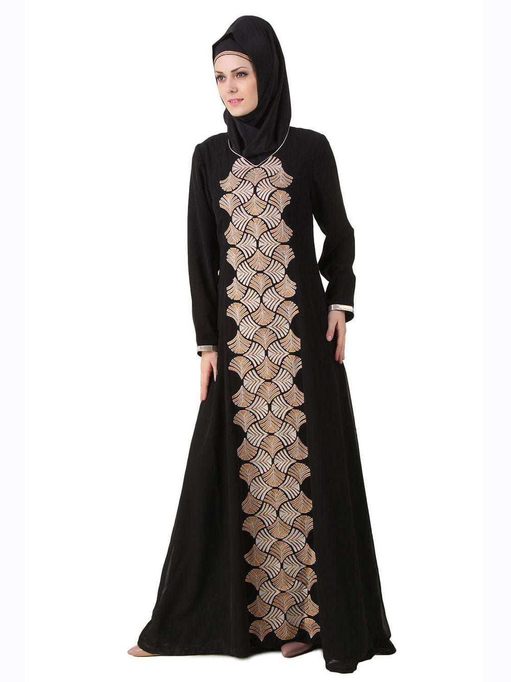 Annam Black Dual Layer Nida and Georgette Abaya Front