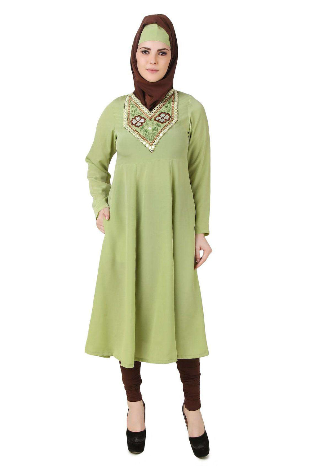 Ghusoon Parrot Green Crepe Short Abaya Design