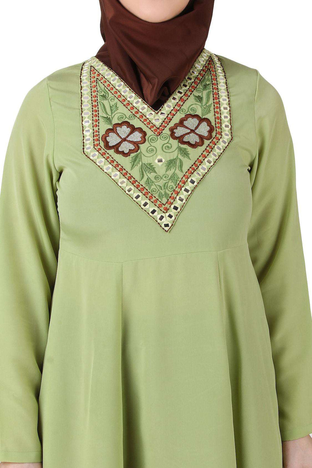 Ghusoon Parrot Green Crepe Short Abaya Embroidery