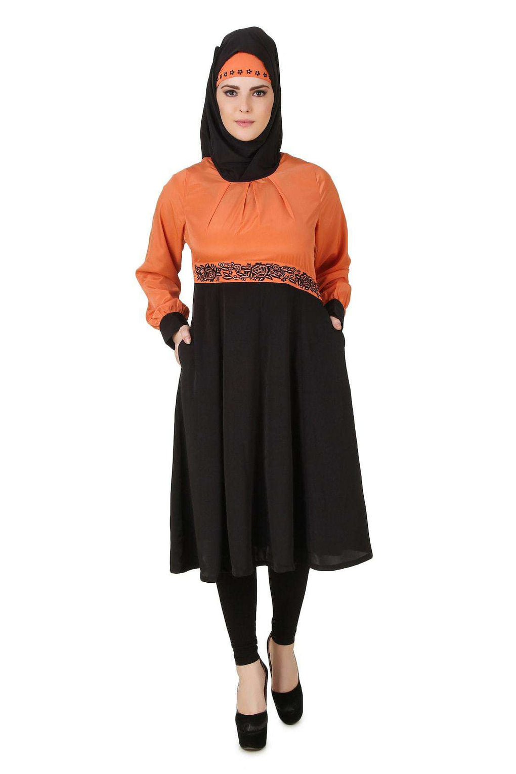 Barika Black & Orange Crepe Short Abaya Front