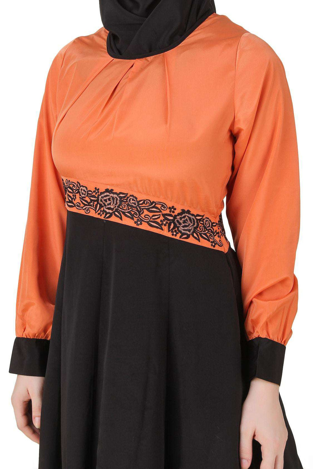 Barika Black & Orange Crepe Short Abaya Front Embroidery