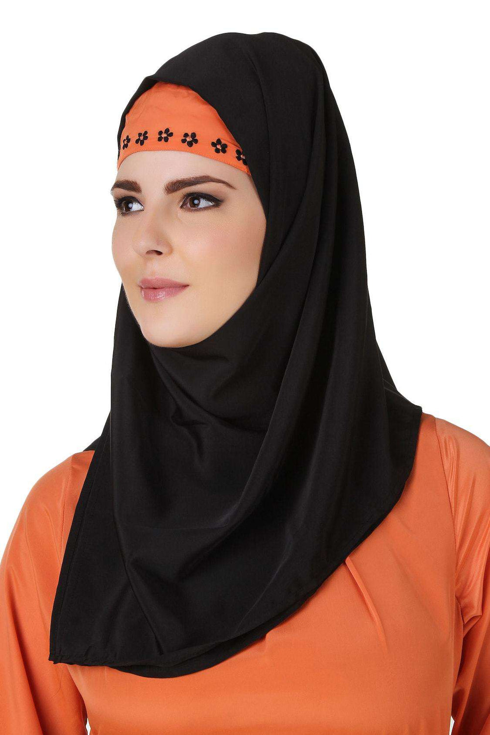 Barika Black & Orange Crepe Short Abaya Hijab