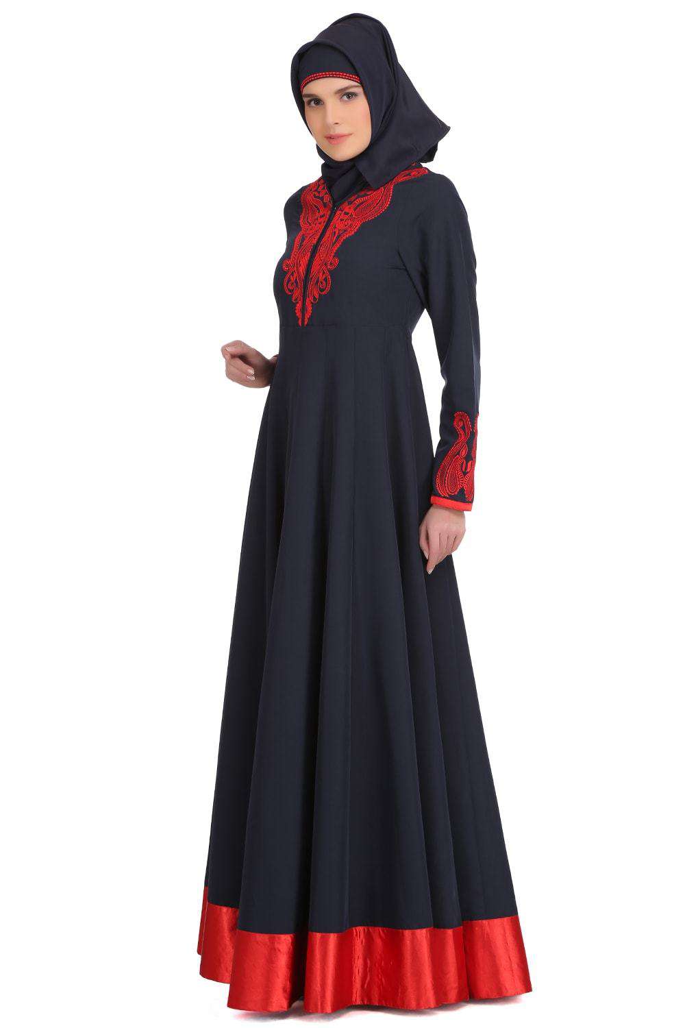 Nasira Navy Blue Kashibo & Red Satin Abaya