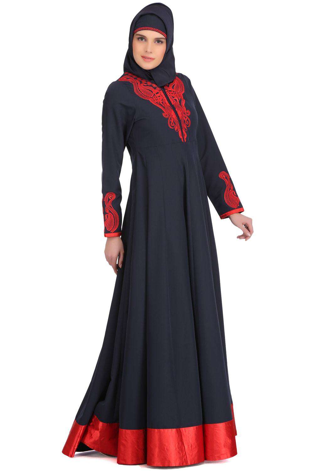 Nasira Navy Blue Kashibo & Red Satin Abaya Front