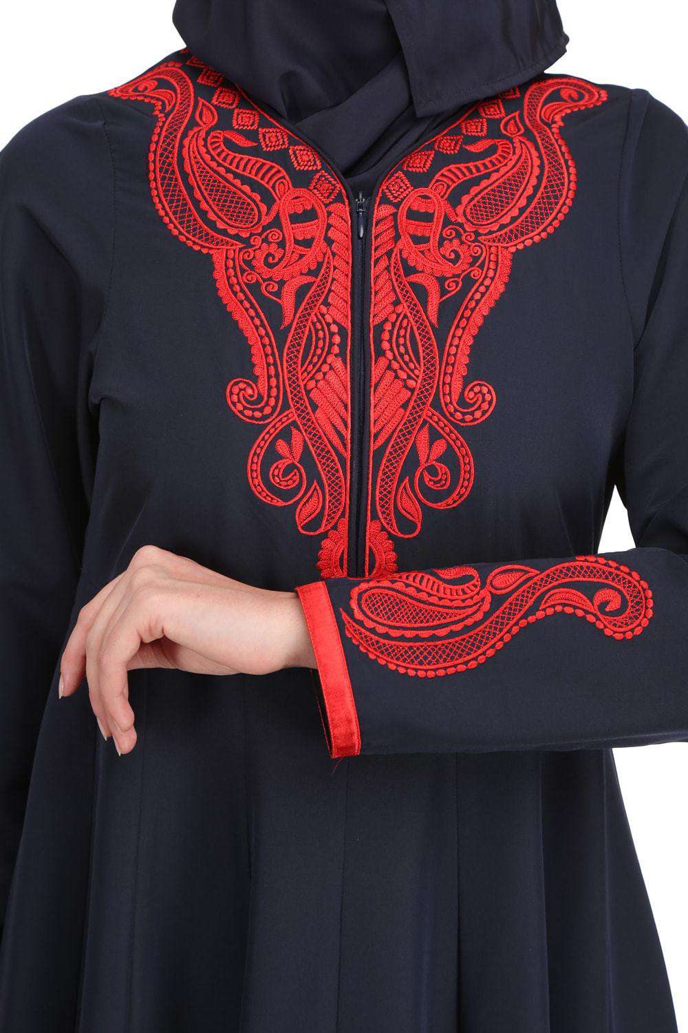 Nasira Navy Blue Kashibo & Red Satin Abaya Embroidery