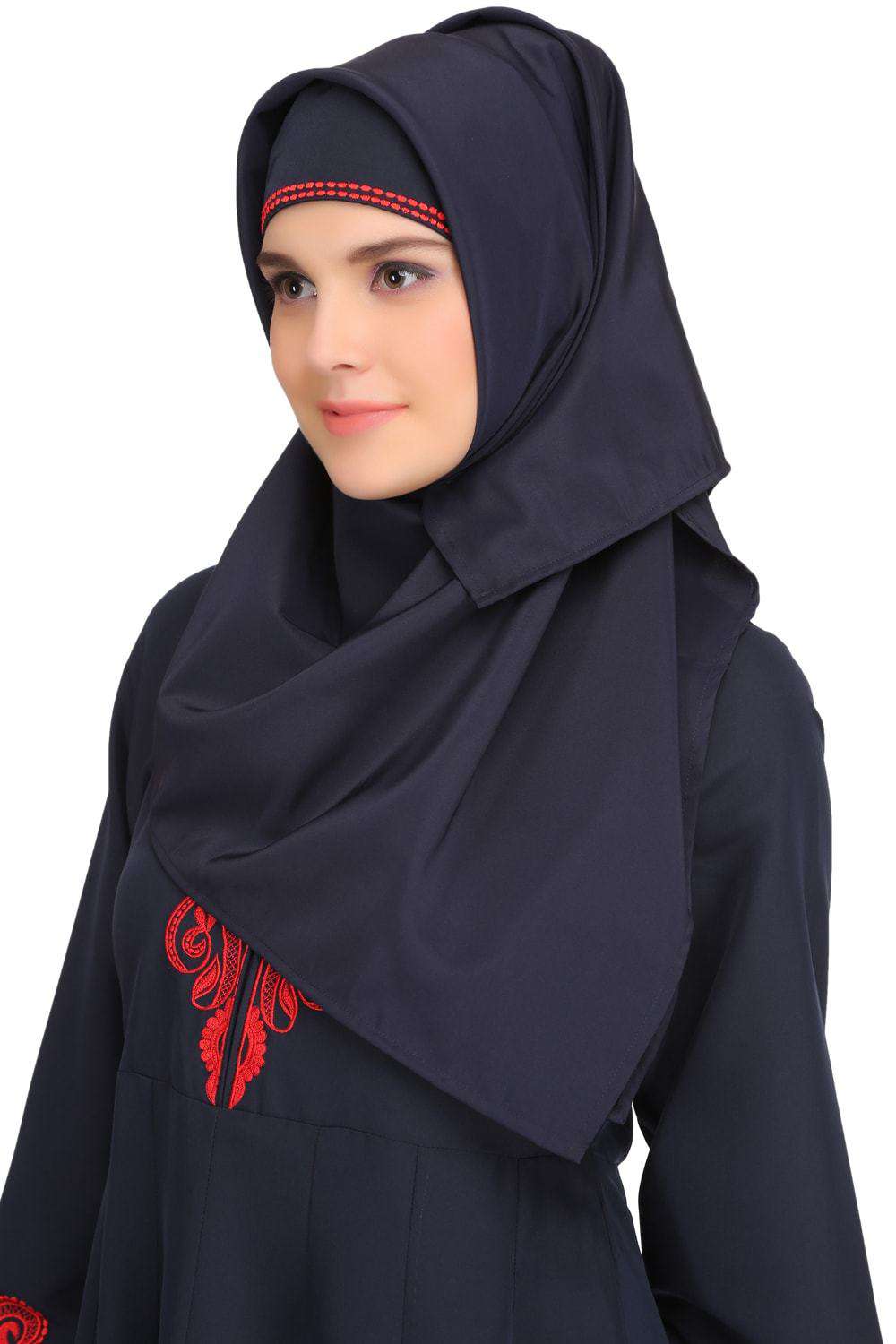 Nasira Navy Blue Kashibo & Red Satin Abaya Hijab