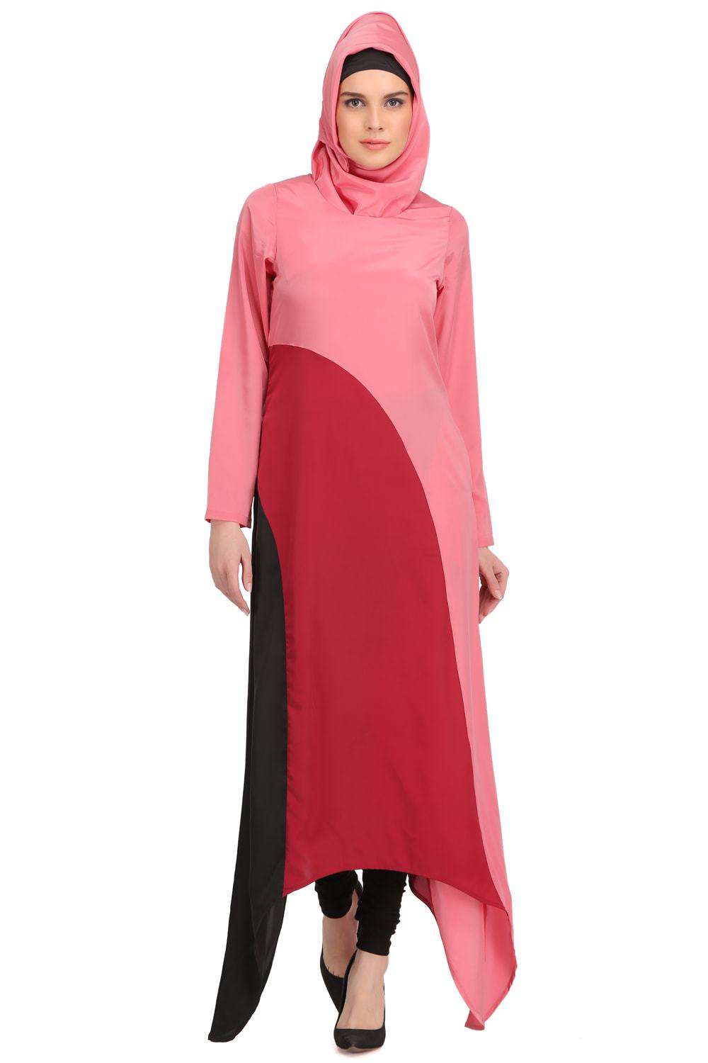 Minal Coral and Rose Pink Crepe Short Abaya Front