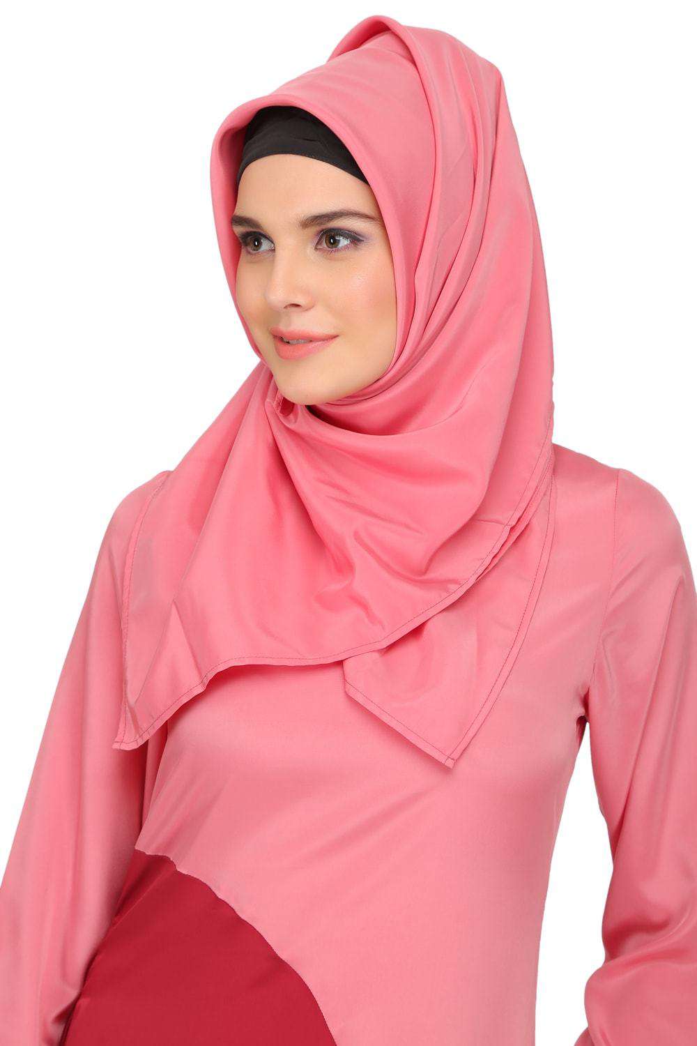 Minal Coral and Rose Pink Crepe Short Abaya Hijab