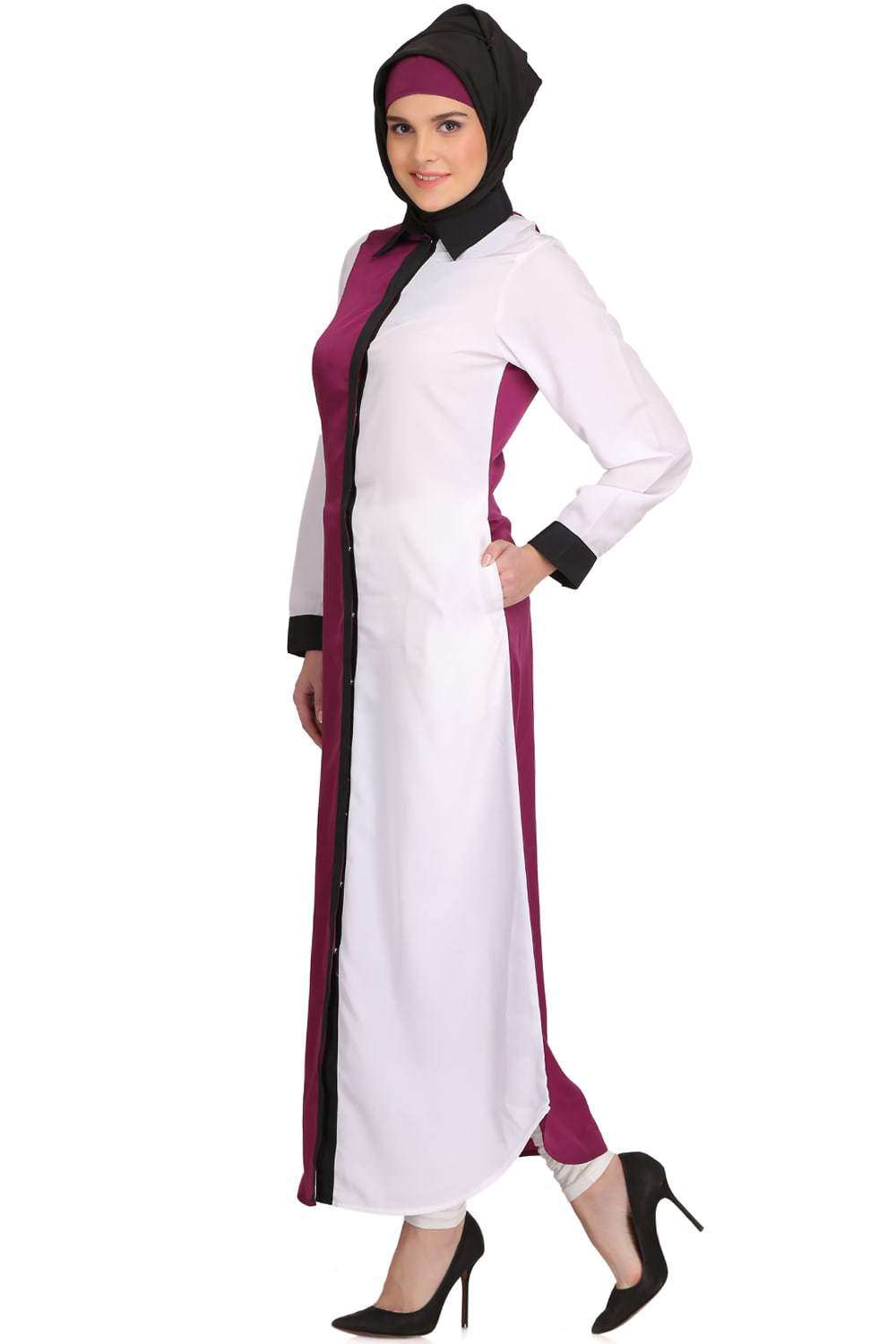 Daliya White & Wine Crepe Short Abaya Side