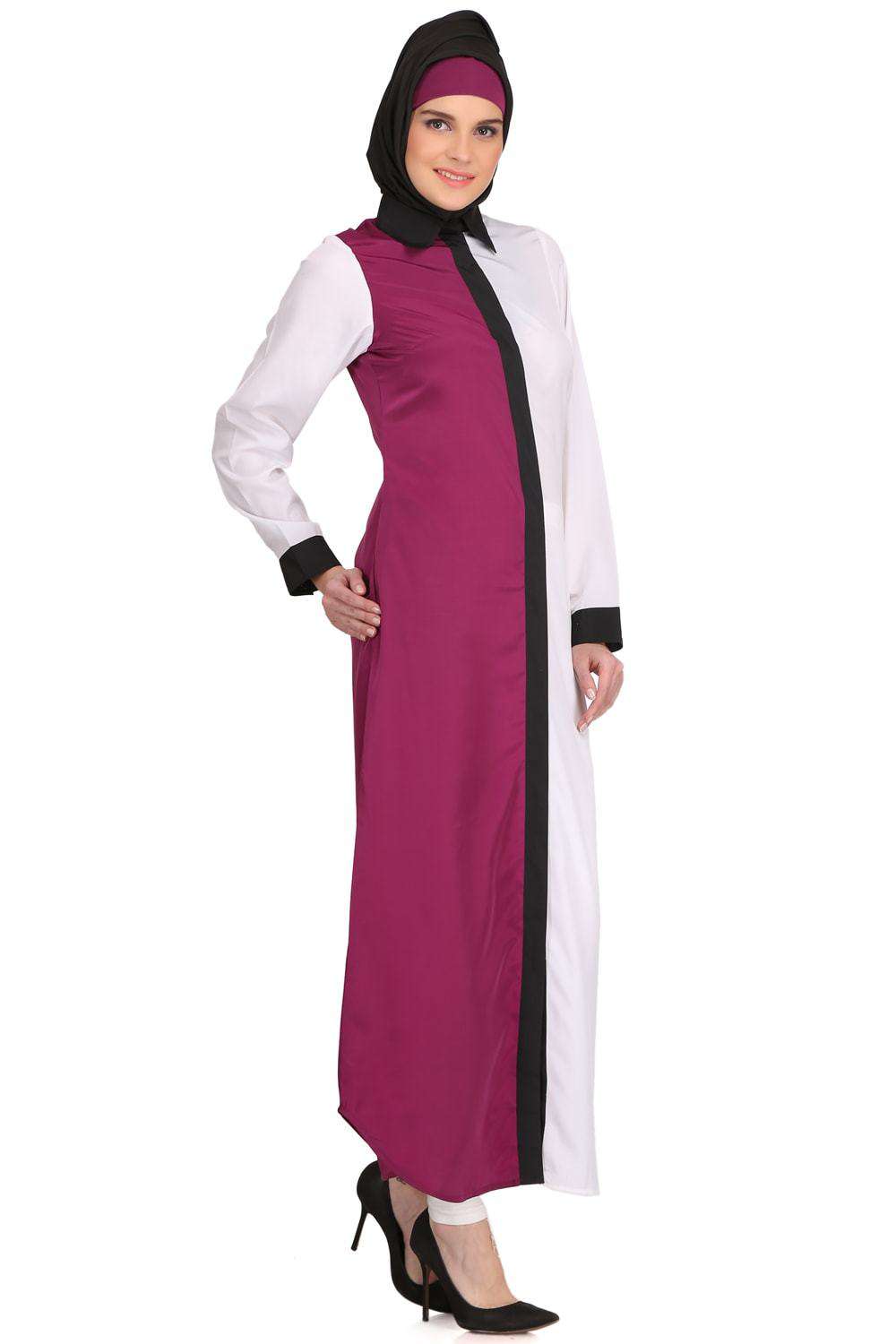 Daliya White & Wine Crepe Short Abaya Front