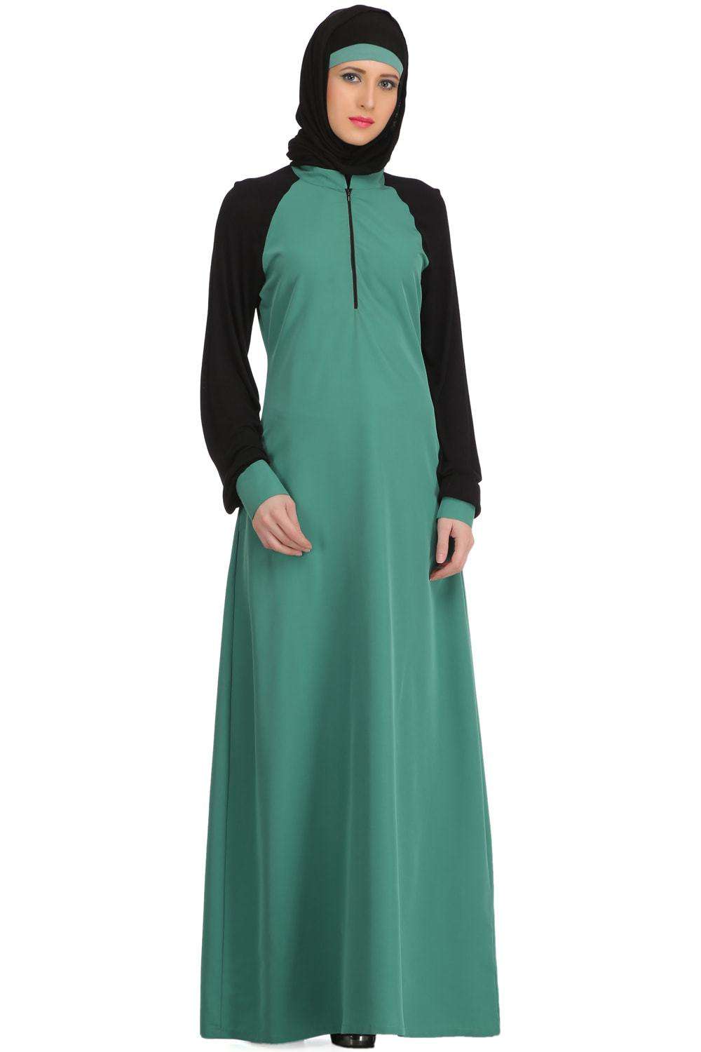 Tafida Light Green Kashibo & Black Jersey Sleeves Sports Abaya